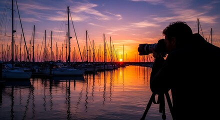 Photographer silhouetted at sunset capturing boats in a marina with a camera on a tripod stand