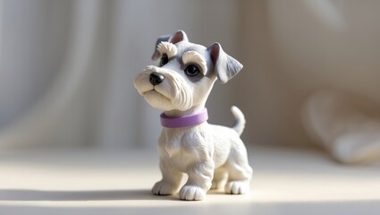 A cute dog figurine with big eyes and a purple collar, standing on a surface indoors.