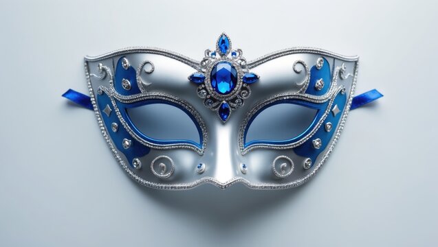 Elegant mask with blue jewels and intricate silver details, suitable for masquerade parties or costume events.