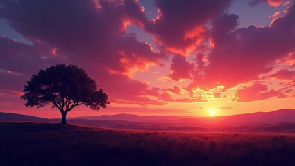 Obraz premium Vivid sunset over a solitary tree on a vast plain.