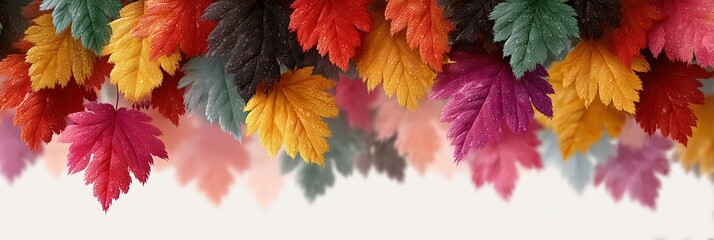 Vibrant multicolor foliage with dewdrops hanging vertically against pure white, crisp leaf veins and chromatic refraction symbolizing fresh academic beginnings in autumn vitality