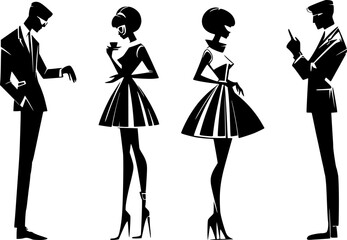 Set of four silhouettes of women and men cafe in retro 1960s style, modern fashion with mini skirts, bob haircuts, isolated without background