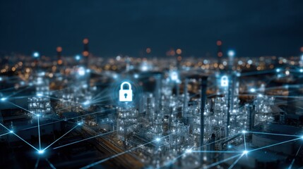 An expansive industrial area is visible at night with glowing machinery and buildings. Digital locks represent security measures being implemented for the safety of operations in the facility