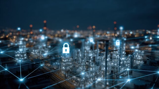 An expansive industrial area is visible at night with glowing machinery and buildings. Digital locks represent security measures being implemented for the safety of operations in the facility