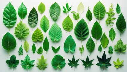 Collection of various green leaves arranged on white background. Botanical and plant diversity, foliage variety, and natural plant life.