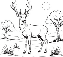 Majestic Deer in Landscape: A regal deer, its grand antlers reaching for the sky, stands poised in a serene landscape. This monochrome illustration embodies nature's grace.