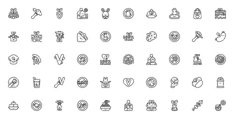 Vegan icon set. Minimalist vector symbols pack. Includes no GMO, fork, cruelty free, soy milk, gluten free, organic, tofu, almond milk, vegan burger and more. Editable stroke.