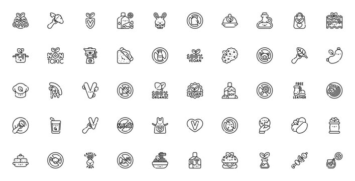 Vegan icon set. Minimalist vector symbols pack. Includes no GMO, fork, cruelty free, soy milk, gluten free, organic, tofu, almond milk, vegan burger and more. Editable stroke. - Powered by Adobe