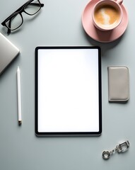 Mockup Tablet : Realistic Flat Lay of Workspace with Tablet, Coffee, and Accessories