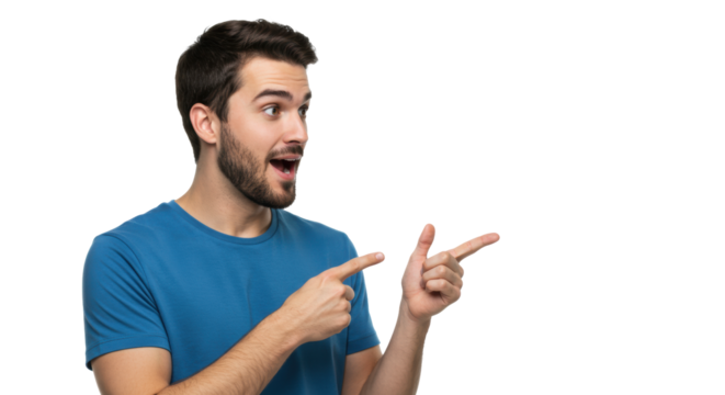 young caucasian man in a blue t-shirt, mouth open and eyes wide, pointing right, showing surprise on a shadowless white studio background, concept of sudden realization and discovery