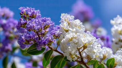 Fototapeta premium The beautiful white and purple flowers with green leaves create a colorful, beautiful, and dreamy natural floral scene. The vibrant hues of flowers and foliage create a striking, serene backdrop.