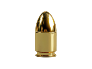 Golden bullet standing upright, reflecting light, against black background