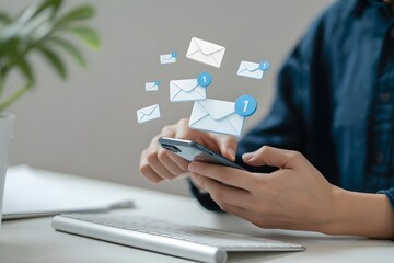 Person using a smartphone with floating email icons representing new messages notifications and digital communication in a modern and connected world with a