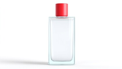 FLACONE DI PROFUMO TRASPARENTE CON TAPPO ROSSO SU SFONDO BIANCO