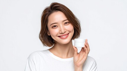 GIOVANE DONNA CON CAPELLI CORTI E CIOCCA, SORRIDERE, PRODOTTO COSMETICO