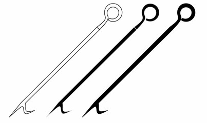 Vector illustration of fireplace poker or fire iron icon, black and white silhouette and outline. long handle with loop grip and hook tip, used for adjusting logs in a fireplace.