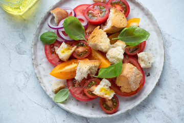 Plate with tuscan-style tomato and bread salad or panzanella, horizontal shot on a white stone background, elevated view