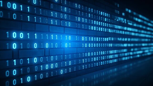 A blue, futuristic, digital scene depicts rows of glowing binary code on a brick-like wall with floor reflection