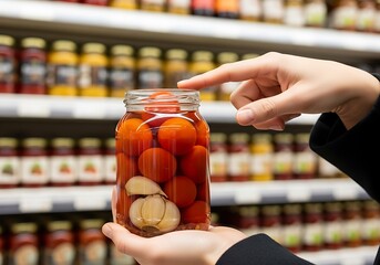 Hand holding jar of tomatoes