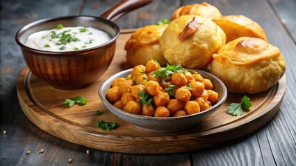 Deep fried puffed bread served with spicy chickpea curry and a dollop of yogurt on the side