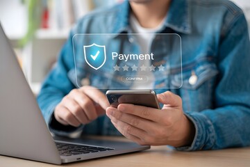 Secure online payment concept with a man using a smartphone to confirm a transaction with a shield and five star rating overlay