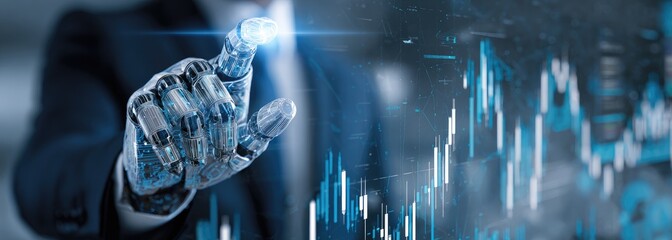Futuristic robotic hand interacting with financial data