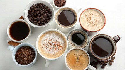 Many different kinds of coffee arranged on clean white background, including espresso, cappuccino, latte, brewed varieties, highlighting aroma, texture, coffee culture, concept of beverage enjoyment