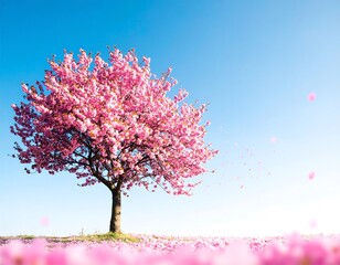 Blooming cherry tree against a vibrant blue sky