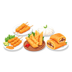Delicious assortment of Asian street food favorites, perfect for menus and culinary promotions.