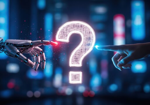 Human and Robot Hands Touching a Question Mark Symbol in the City - Powered by Adobe