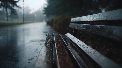 Obraz premium Weathered park bench under a somber rainy sky