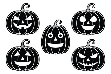 Five black and white Halloween pumpkins with carved faces jack o lantern spooky