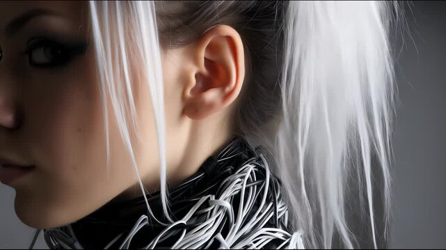 Young woman with silver hair poses in a futuristic backless dress adorned with numerous intertwined cables wrapping around her neck and torso, shown from front, side, and back views