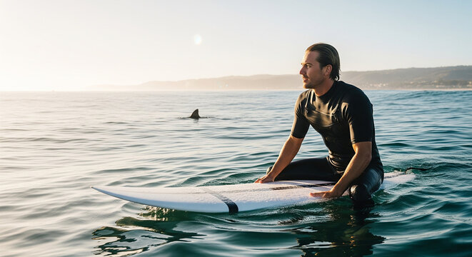 Man on a surfboard with a shark fin in the background