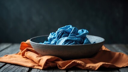 A bowl of crumpled blue cloth on a wooden table with an orange cloth underneath.