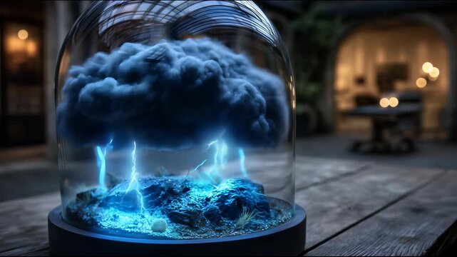 Small thundercloud with lightning under a glass dome on a wooden table in a courtyard
