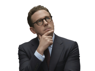 Man in dark suit and glasses with hand on chin looking up isolated on white transparent background png jpg business people clipping path cutout 2025 2026 4k full hd poster banner label download