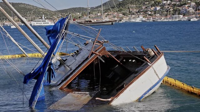 sunken yacht on the rocky coast in ithaca 