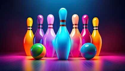 Naklejka premium colorful bowling pins and ball in neon light
