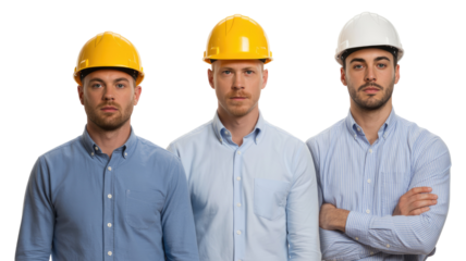 Three men in hard hats and button down shirts standing together isolated on white transparent background png jpg business people clipping path cutout 2025 2026 4k full hd poster banner label download