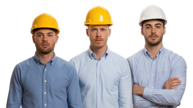 Three men in hard hats and button down shirts standing together isolated on white transparent background png jpg business people clipping path cutout 2025 2026 4k full hd poster banner label download
