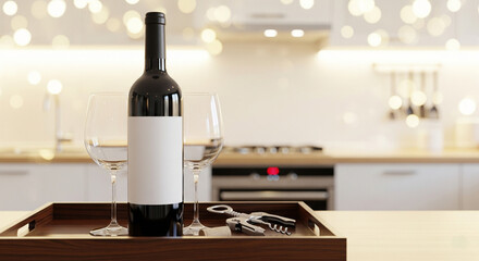 A bottle of red wine with two glasses on a tray in a kitchen
