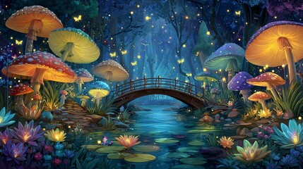 FORESTA INCANTATA CON FUNGHI LUMINOSI E PONTE