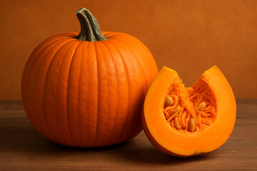 Fresh whole pumpkin with a cut wedge showing seeds, placed on wooden table with warm orange background