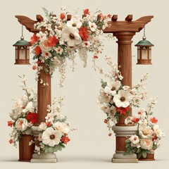 Elegant Floral Arch with Lanterns and Rustic Wooden Columns