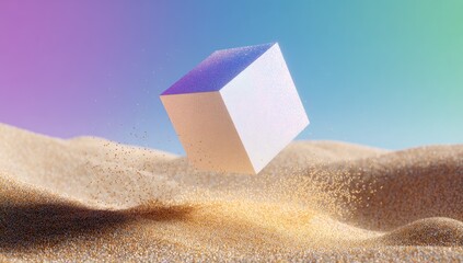 A floating cube in a sandy landscape