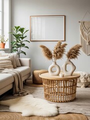Mockup poster frame in a cozy, modern living room with natural decor, stylish furniture, and warm earthy tones