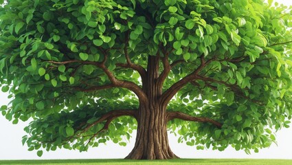 Obraz premium A large tree with a thick trunk and abundant green leaves, illustrating nature and growth.