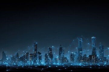 Futuristic city skyline at night, connected by digital network