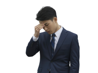 Young Asian Man in Dark Blue Suit Touching Forehead in Distress isolated on white transparent background png jpg business people clipping path cutout 2025 2026 4k full hd poster banner label download